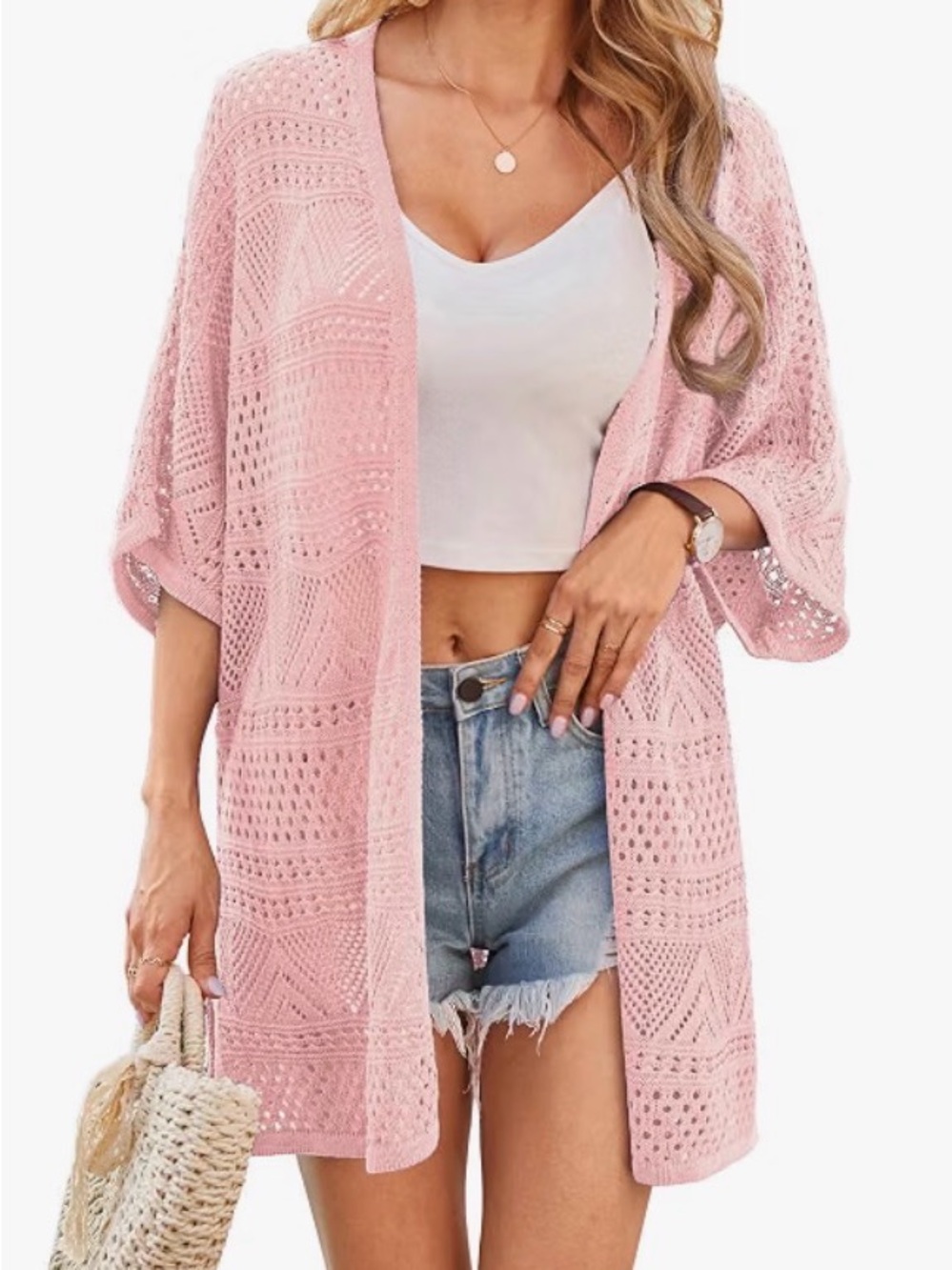 Grace Karin Blush Pink Open Knit Cardigan L-XL